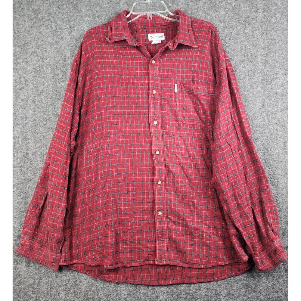 Carhartt‎ Button Front Shirt Mens 2XL Red Plaid Long Sleeve Cotton S212 DKR